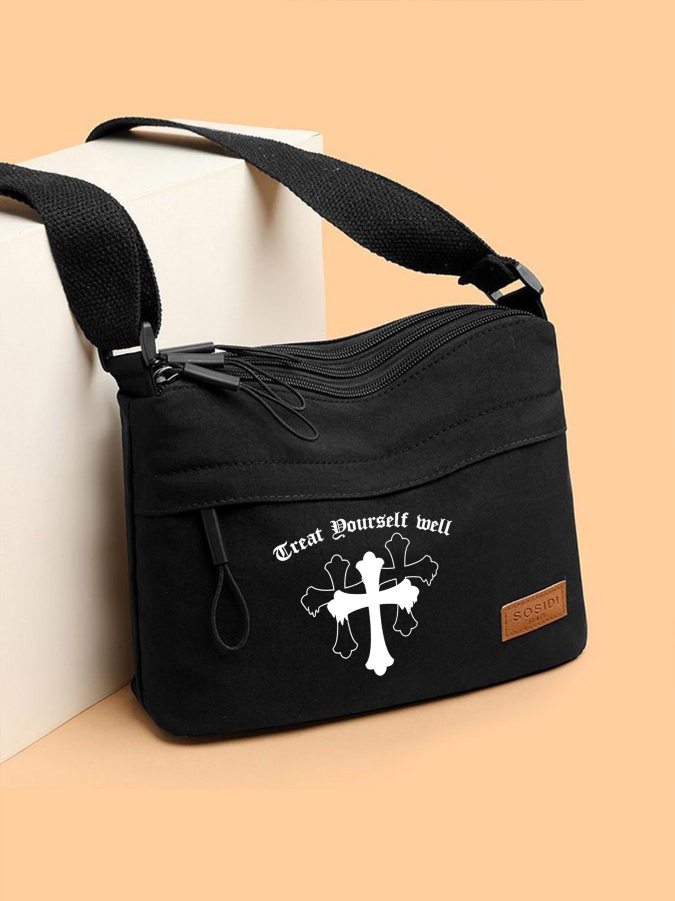 Crossbody Bag with Cross Print, Adjustable Strap Shoulder Bag, Unisex Casual Style, Ideal for Outdoor Leisure or Daily Commute