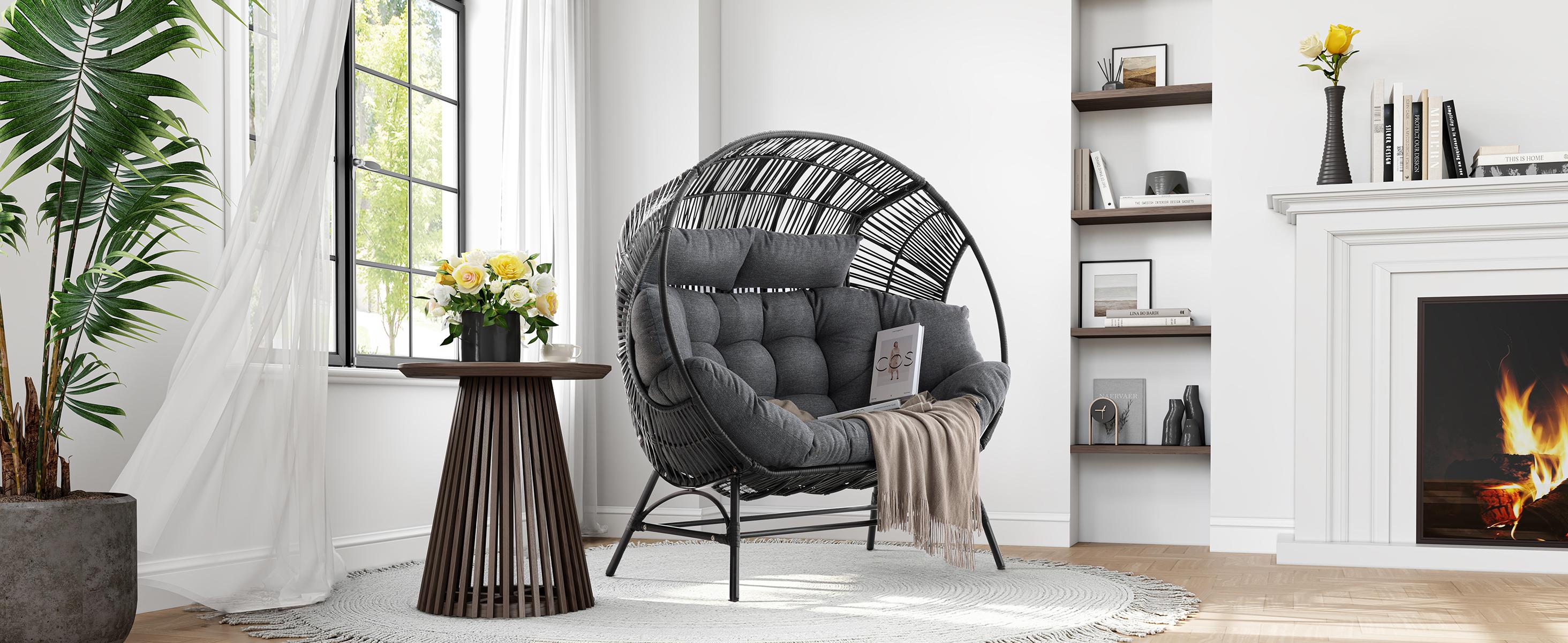 IRONCK Wicker Outdoor Egg Chair with Ottoman, Patio Lounge Chair with Footrest, Thickened Padded Cushion and Headrest, Egg Seat for Patio, Living Room, Garden, Balcony, Dark Gray