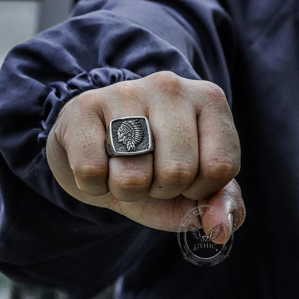 GTHIC Vintage Indian Chief Stainless Steel Skull Ring Statement Jewelry for Men Daily Wear