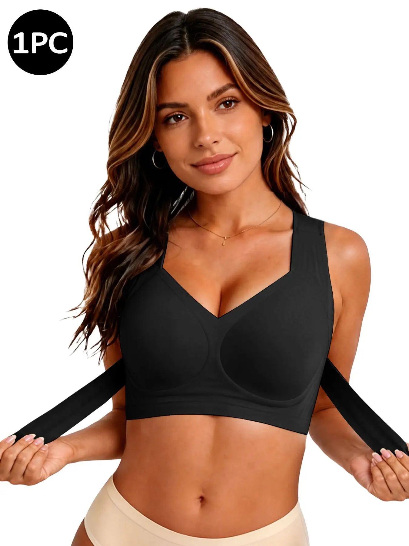 Women’s Wireless Posture Support Bra with Front Hook-and-Eye Design, Wide Comfort Straps, Breathable Full Coverage Cups, Smooth Back, 1/2/3-Pack Options