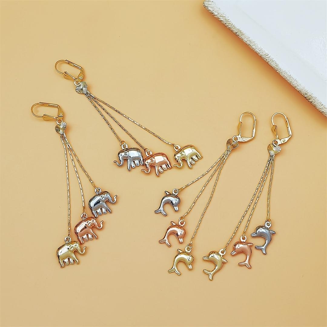 Women's Polished Copper Alloy Dangle Earrings - 3-Tone Elephant-Dolphin Charm Multi-Chain Tassel Ear Jewelry, Lightweight Elegant Craft for Wedding, Daily Casual Use (Sports & Outdoor Accessory Complement)