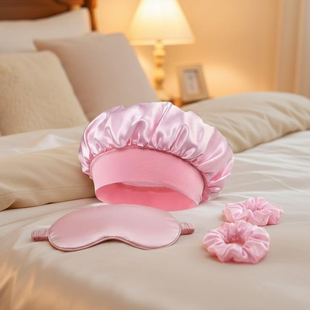 Sleep Mask and Hair Care Tool Set, Satin Sleep Cap, Soft Sleeping Eye Mask, 2 Hair Scrunchies, Alcohol-Free, Ideal for Travel & Home Use