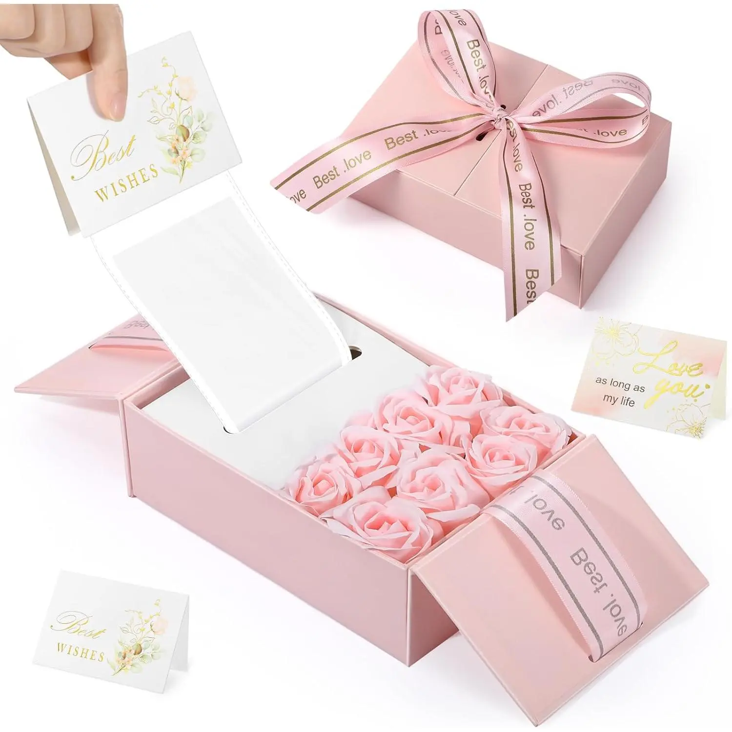 Pull Box for   with 8 Roses 2 Greeting Cards, | Birthday  Pull out Box, Creative  Gifts, Teacher Husband Wife Anniversary Christmas, LED Lights Included