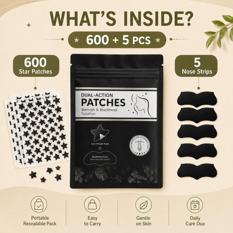 600+5Pcs Black and White Star Hydrocolloid Pimple Patches and Black Nose Strips, 2-in-1 Large Facial Blemish Cover Set for Halloween Parties, Music Festivals and Photo Styling, Acne Patches, Acne Patches For Face