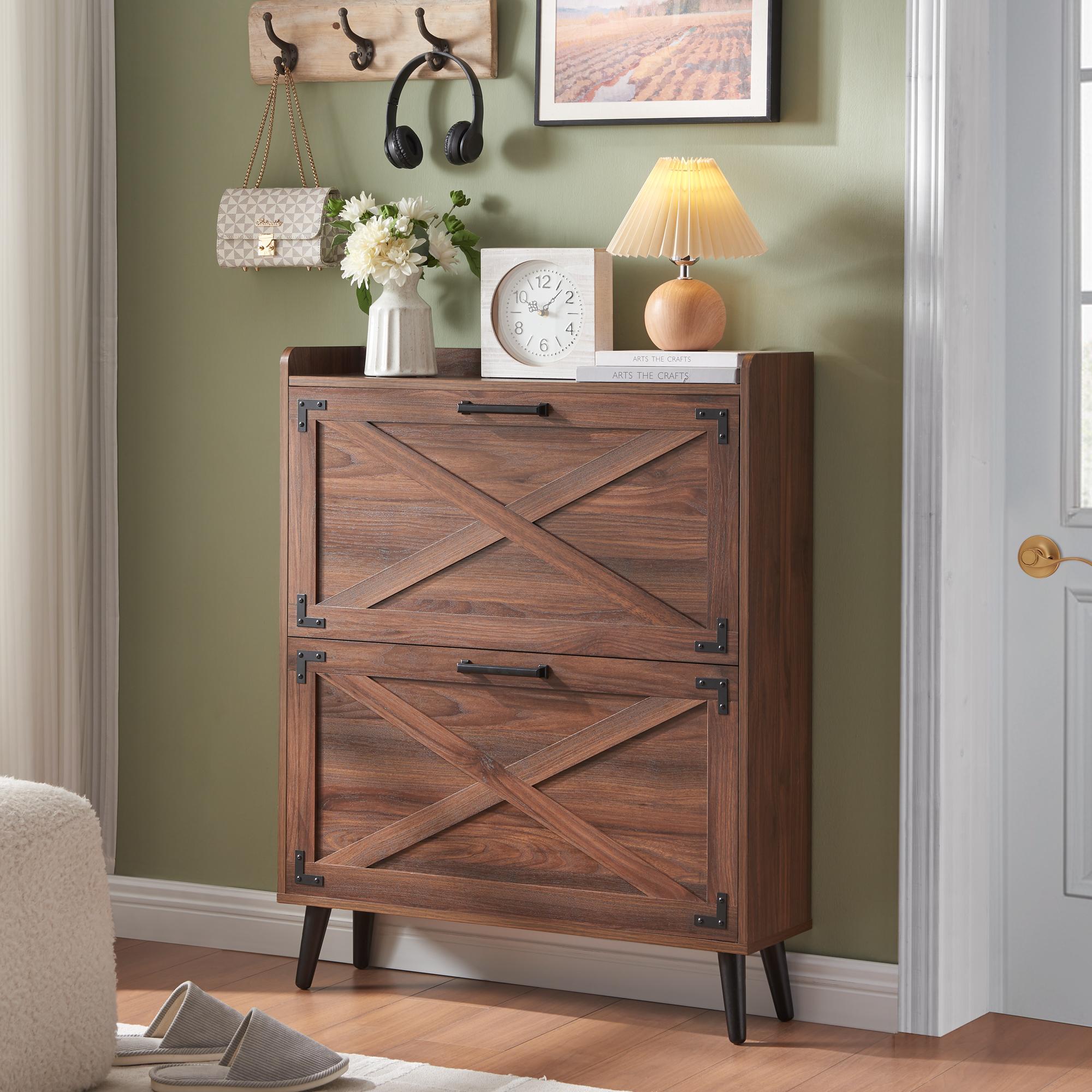 Farmhouse Shoe Storage Cabinet with 2-4 Flip Drawers & Barn Door Design - Freestanding Slim Narrow Shoe Organizer for Entryway, Foyer & Hallway