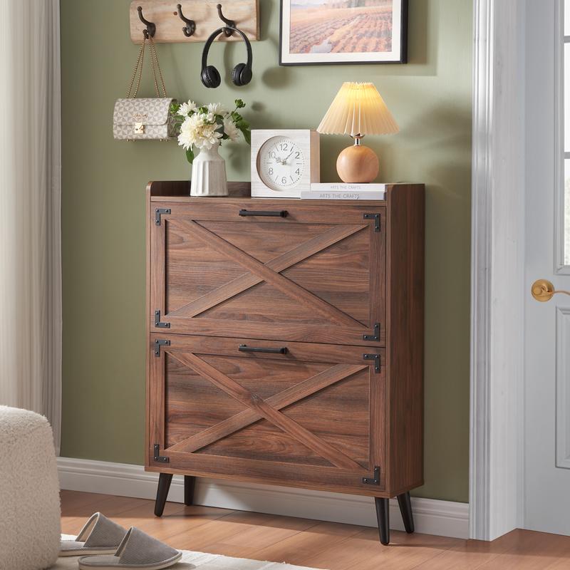 Farmhouse Shoe Storage Cabinet with 2-4 Flip Drawers & Barn Door Design - Freestanding Slim Narrow Shoe Organizer for Entryway, Foyer & Hallway