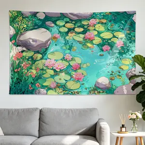 Zen Pond Water Lily Botanical Nature Wall tapestry,Large size Printed Horizontal Tapestry blanket,Polyester Fabric Wall Hanging for living room,bedroom,No Installation Required,Indoor,Outdoor,Gift for Family and Friends