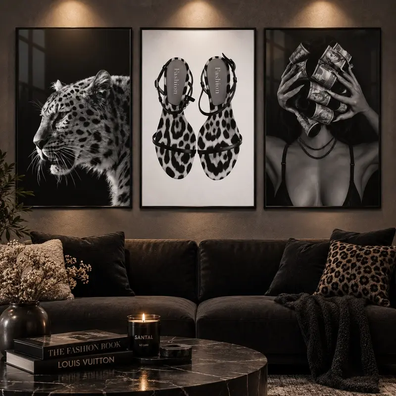 Edgy Black & White Fashion Poster, Leopard Wall Art Canvas Print, Bold Aesthetic Room Decor for Bedroom, Dorm & Apartment, Chic Animal Print Artwork, Trendy Wall Decor for Fashion and Leopard Art Lovers