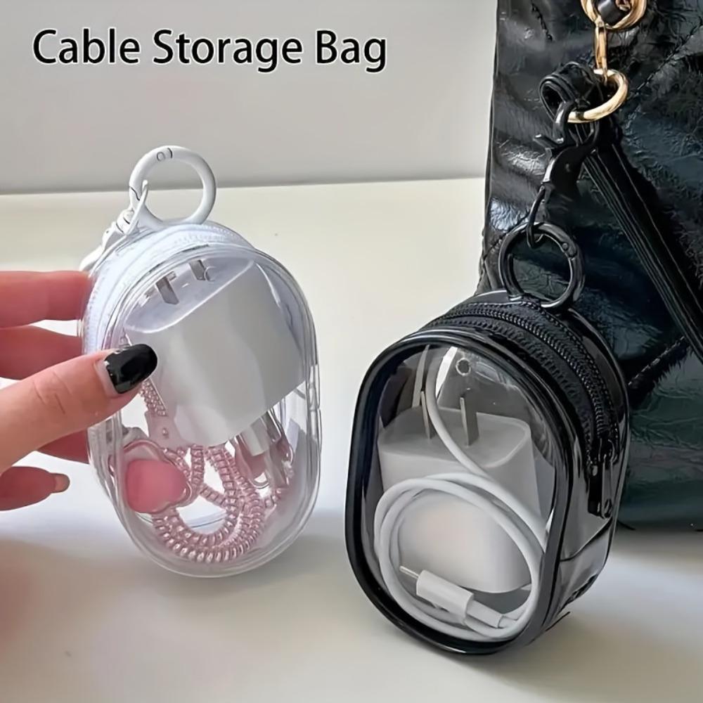 1pc Oval Zippered Plastic Packing Organizer for Apparel - Mini Portable Earbud, Cable and Charger Storage Case with Keychain - Travel Pouch for Accessory Organization Headphone Bag