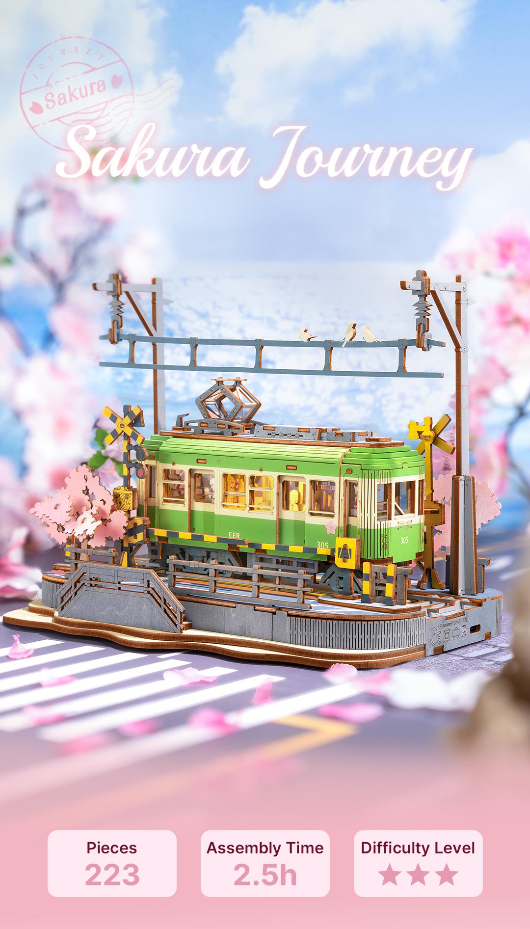 Rolife Sakura Journey 3D Wooden Puzzle TGS02 3D Wooden Puzzle for Adults, Sakura Journey Tram DIY Model building Kits with LED Lights, Creative Kids Craft Hobby Gift and Brain Teaser Home Decor Assembly Toy