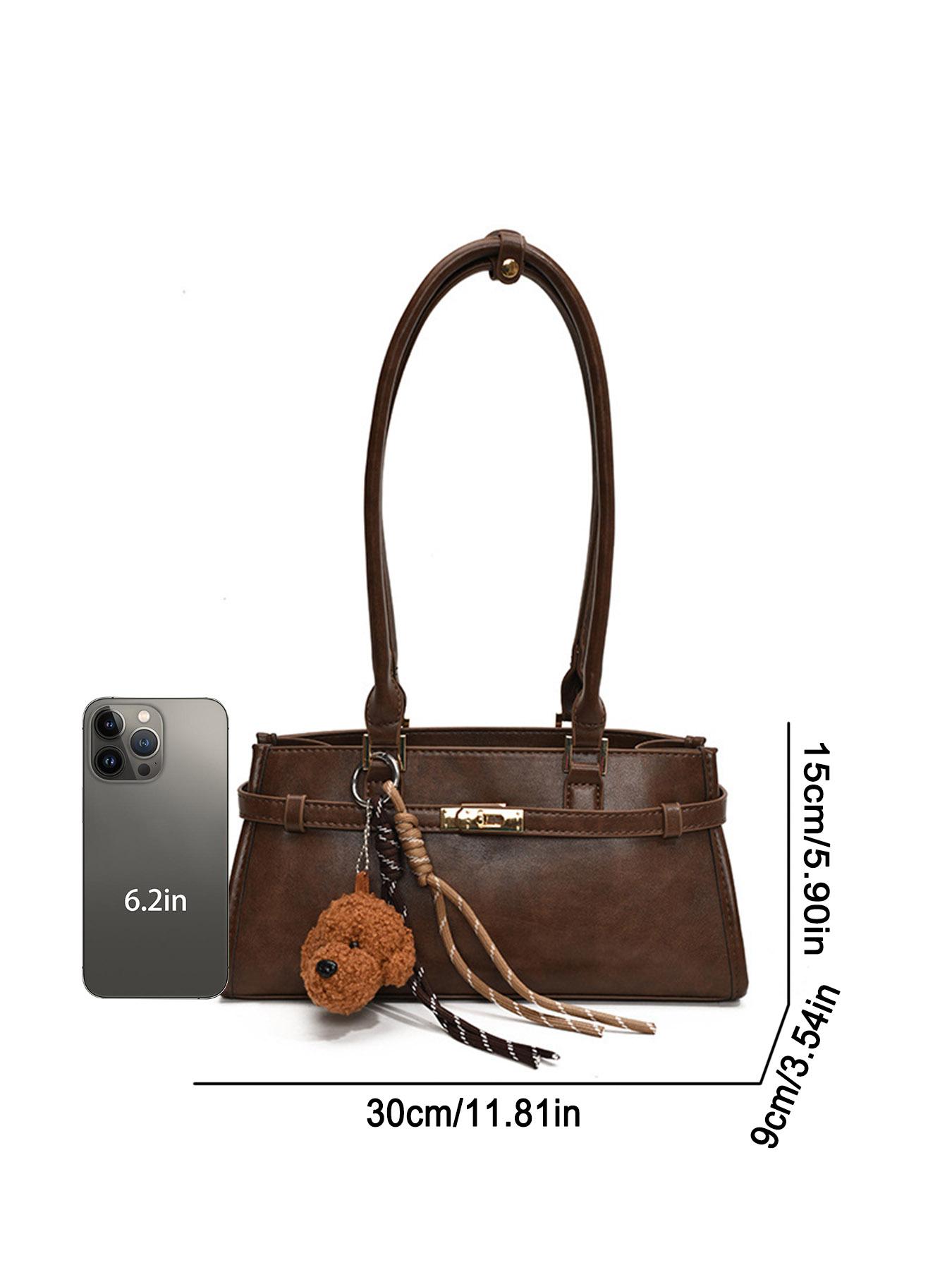 Small niche design solid color casual versatile classic shoulder bag, retro temperament small dog pendant armpit bag, lightweight temperament simple and exquisite handbag, suitable for work, shopping, commuting, daily outings, Pu Leather Bag