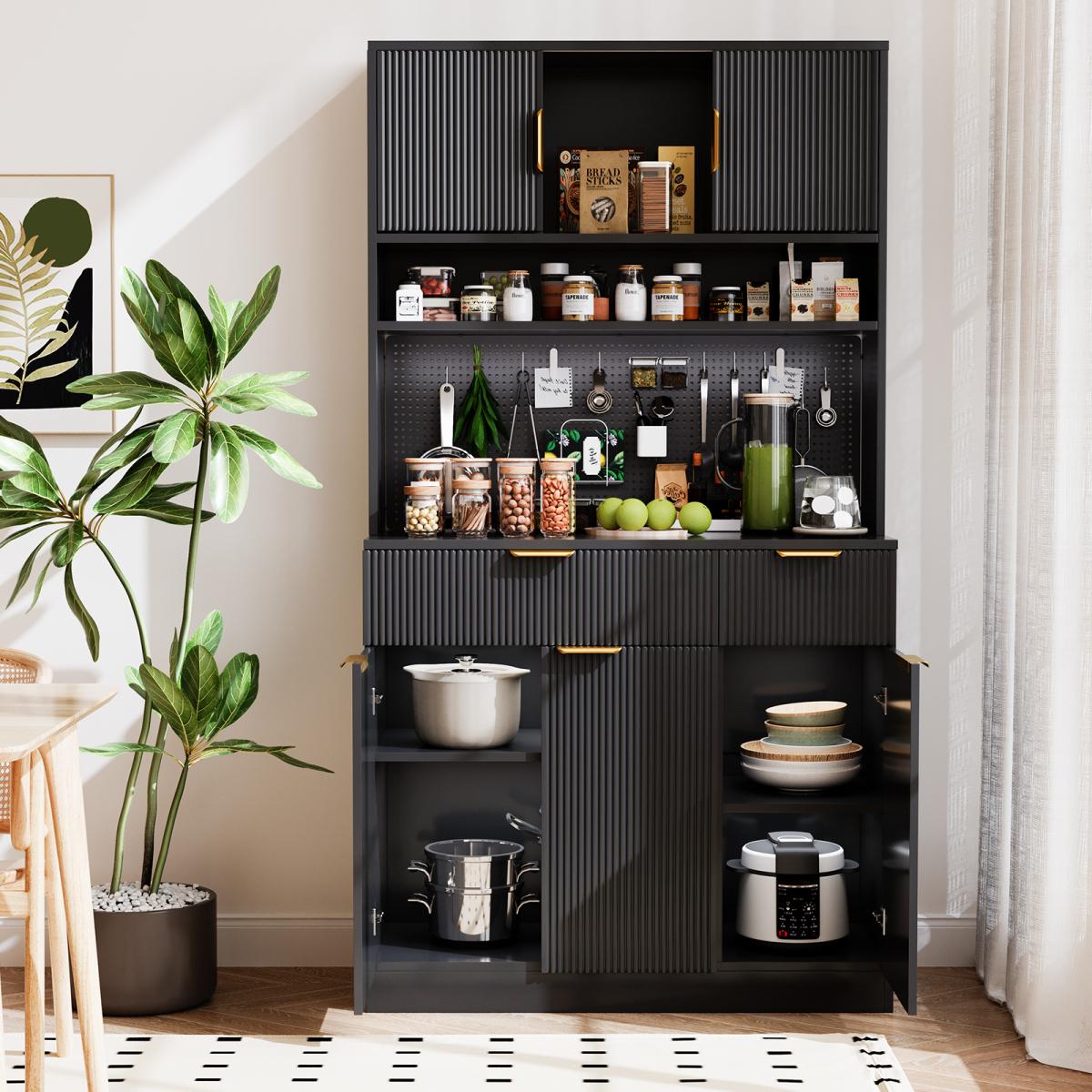 Aobtkel 73" Rectangular MDF Wood Fluted Texture Kitchen Pantry Cabinet - Single Unit with Storage, Charging Hub Station, DIY Pegboard Includes Kits, Anti-Tip Base for Living Room Microwave Stand Hutch, Black, Pantry Organization