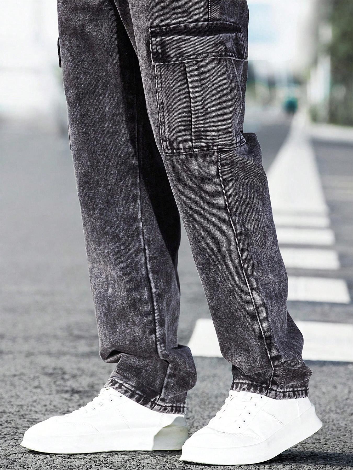 Men's Solid Flap Pocket Cargo Jeans, Loose Casual Street Fashion Denim Pants for Daily Wear, Men's Trousers for All Seasons
