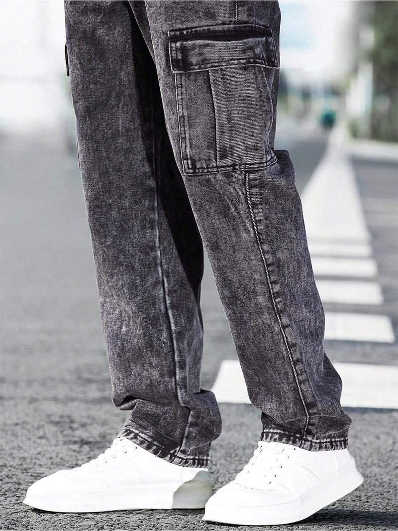Men's Solid Flap Pocket Cargo Jeans, Loose Casual Street Fashion Denim Pants for Daily Wear, Men's Trousers for All Seasons