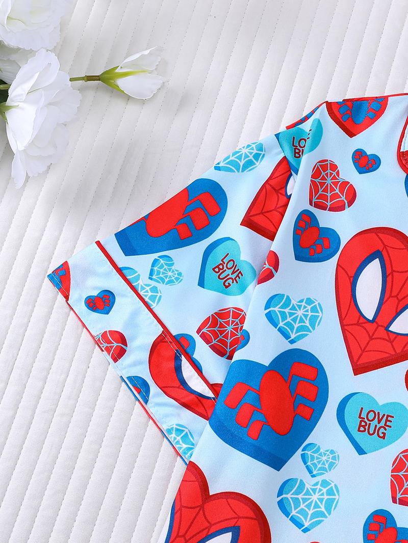 2-piece Valentine's Day Women's Blue Bottom Full of Spider Web Love Spider Love Cartoon Character Pattern Printed Short Sleeve Shorts Soft and Comfortable Top Small Pocket Elastic Waist Head Suitable for Four Seasons Home Daily Casual Pajama Set