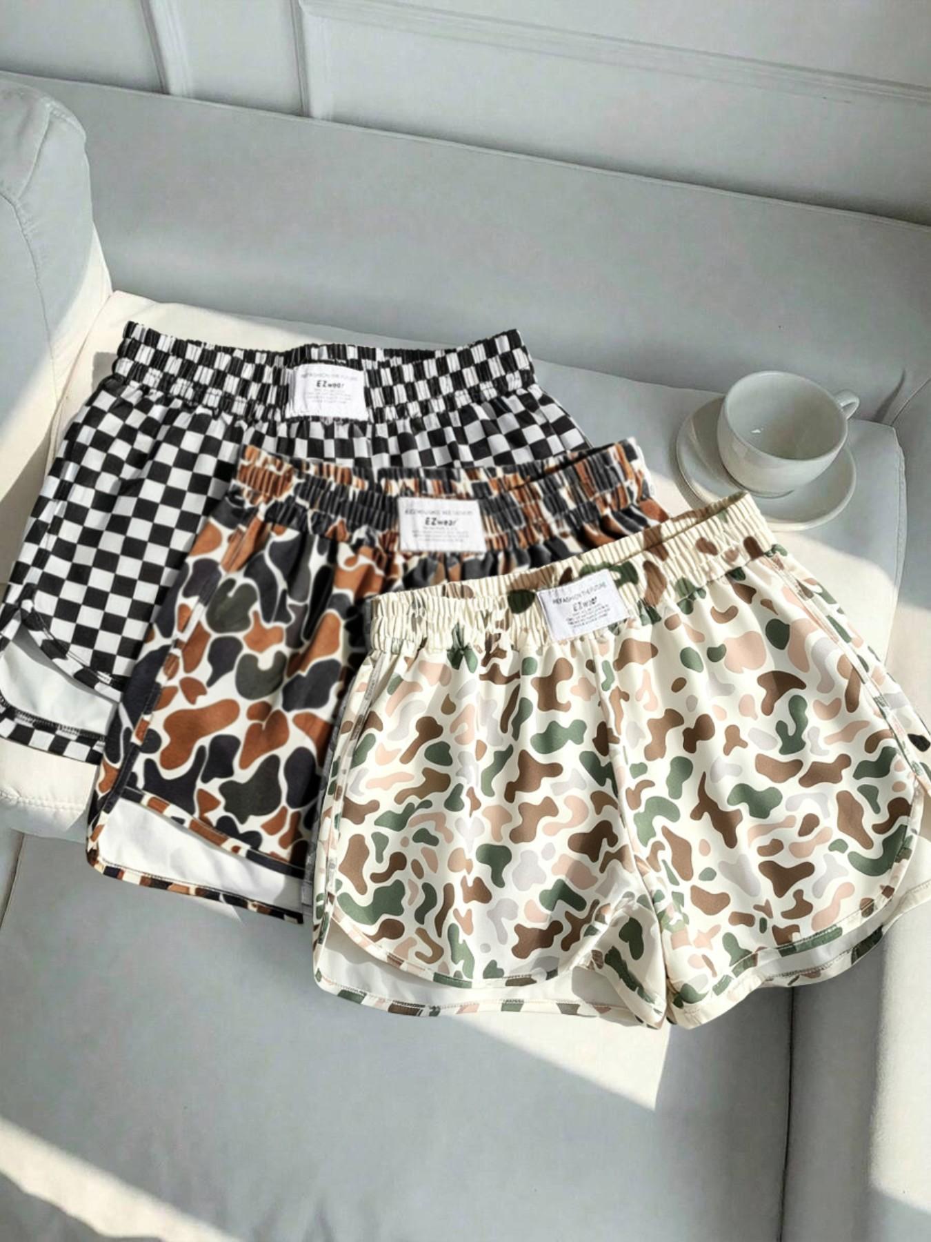 3-Pack Vintage Leopard Print Elastic Waist Casual Shorts for Women, Letter Waist Label Design, Y2K Style Sporty Outerwear Slimming Shorts