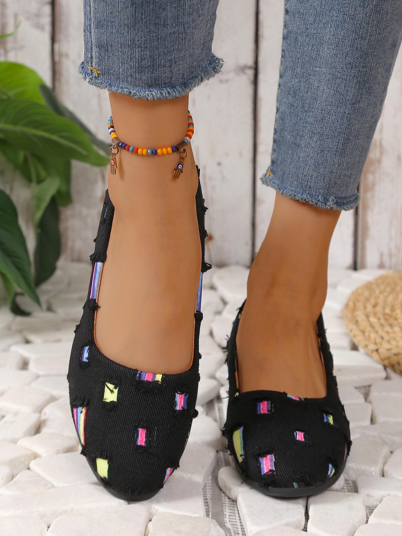 Women's Vintage Ripped Denim Wedge Sandals, Ditsy Floral Textile Upper, Rubber Sole, Casual All-Season Footwear, Breathable & Slip-On