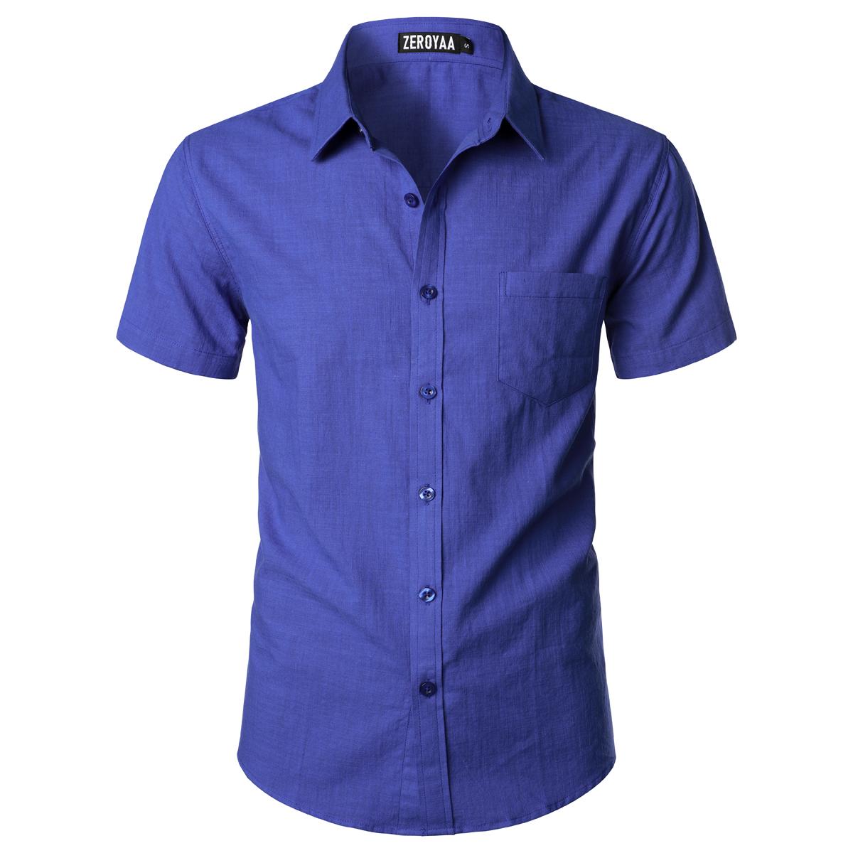 ZEROYAA Men's Fitted Cotton Linen Casual Short Sleeve Button Up Shirts Lightweight Beach Tops with Pocket
