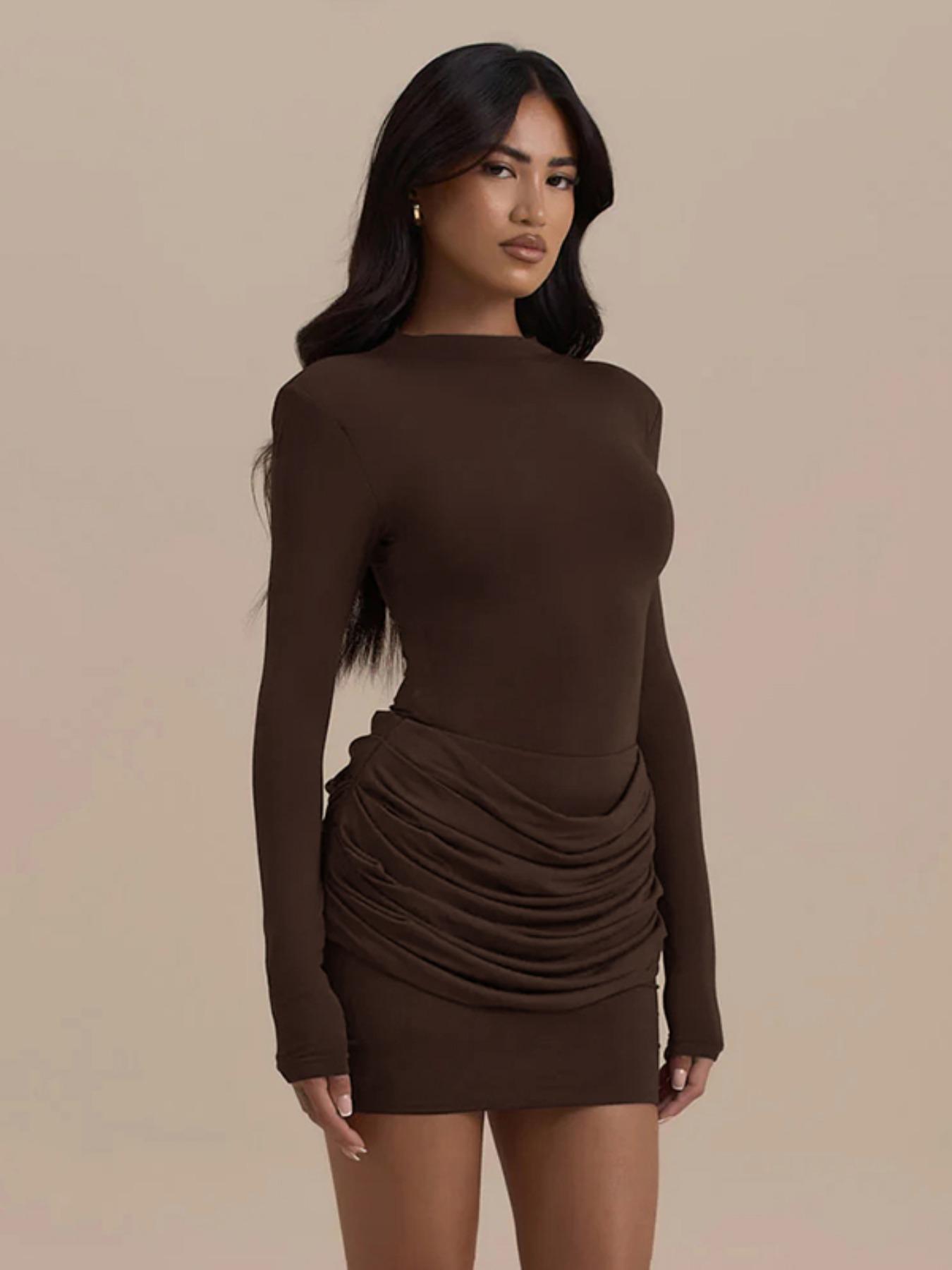 Elegant Women's Solid Color Ruched Dress, Spring & Fall Long Sleeve A-Line Gown, Perfect for Evening Events and Dates, Fit