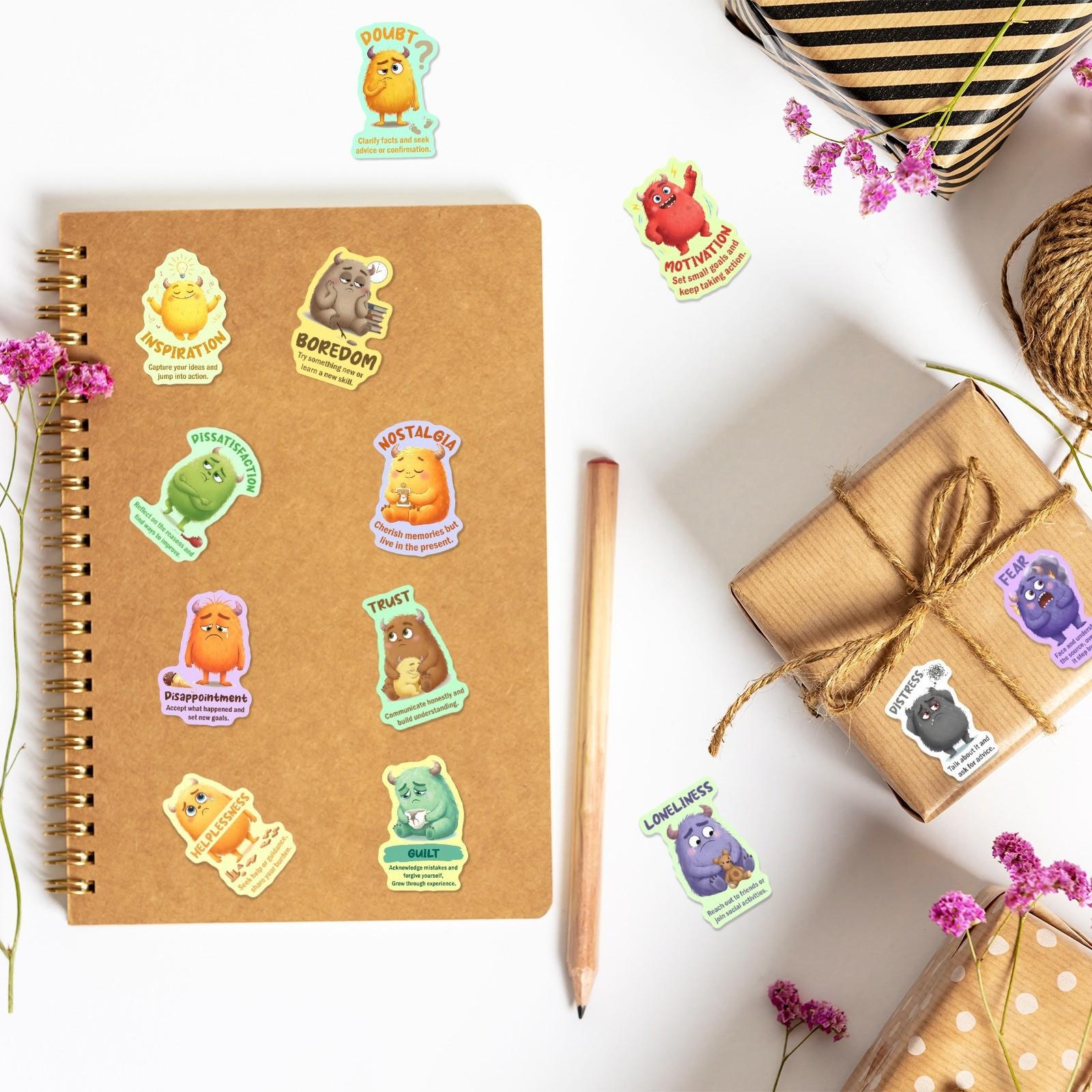 50 Sheets Emotion Recognition Monster Stickers, Mental Health Education Text Stickers, Waterproof DIY Scrapbook Material