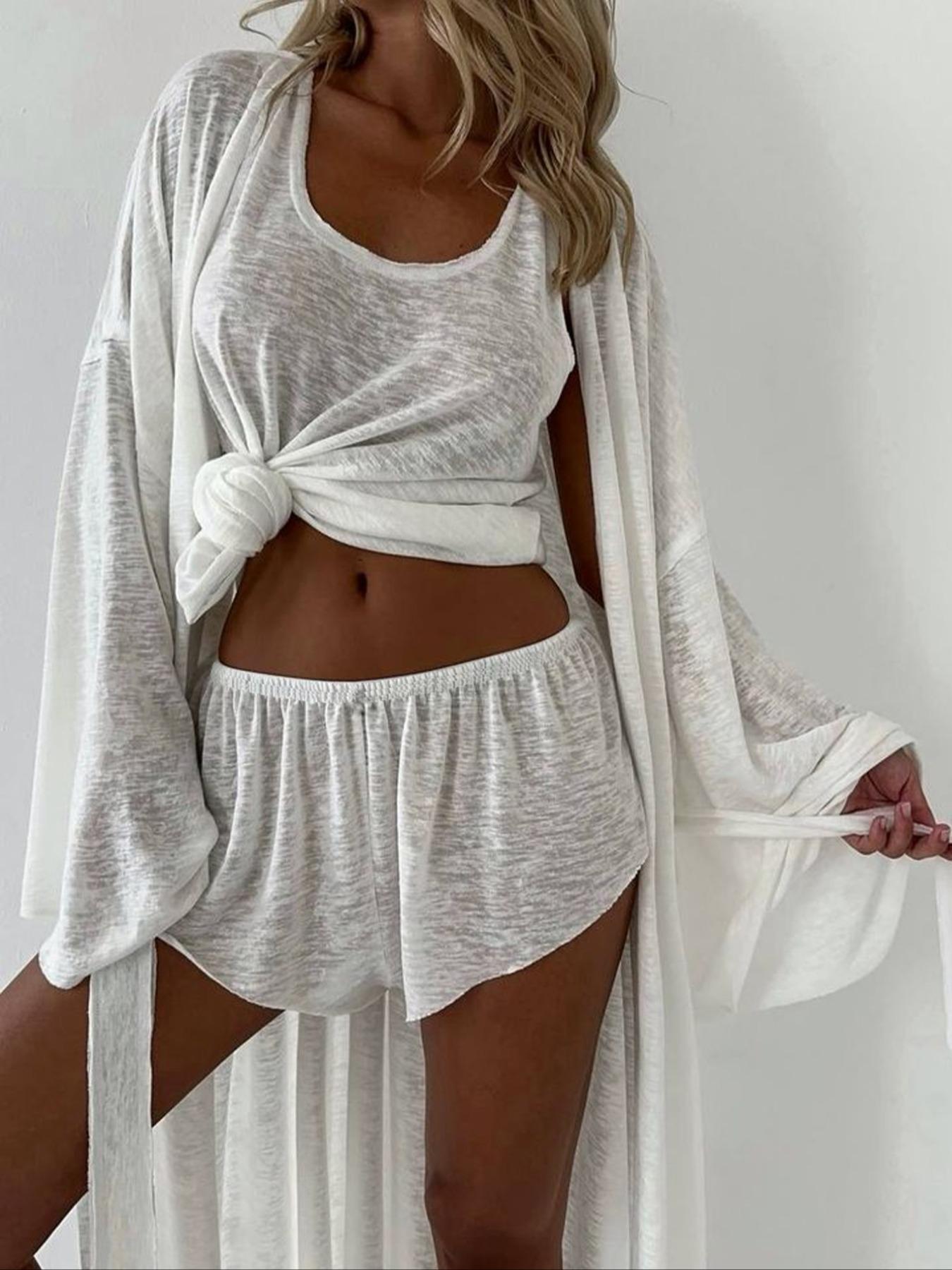 Women's Sheer Fabric Vest Jacket Shorts Set, Elegant Three-Piece, Loose-Fitting Design, Plain Pattern, Perfect for Casual Wear