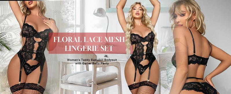 Women's Floral Lace Mesh Lingerie Set Teddy Babydoll Bodysuit with Garter Belts.Valentine's Day Gift.Minimalist Basic Nightgown Sleepwear Women's Floral Lace Mesh Lingerie Set Teddy Babydoll Bodysuit with Garter Belts.Valentine's Day Gift.Minimalist Basic Nightgown Sleepwear