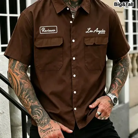 Men's Large Size 2xl-6xl Workwear Pocket Style Casual Shirt, Collar Short Sleeve Shirt, Pocket Casual Shirt, Fashion Streetwear Men's Clothing, Menswear Top