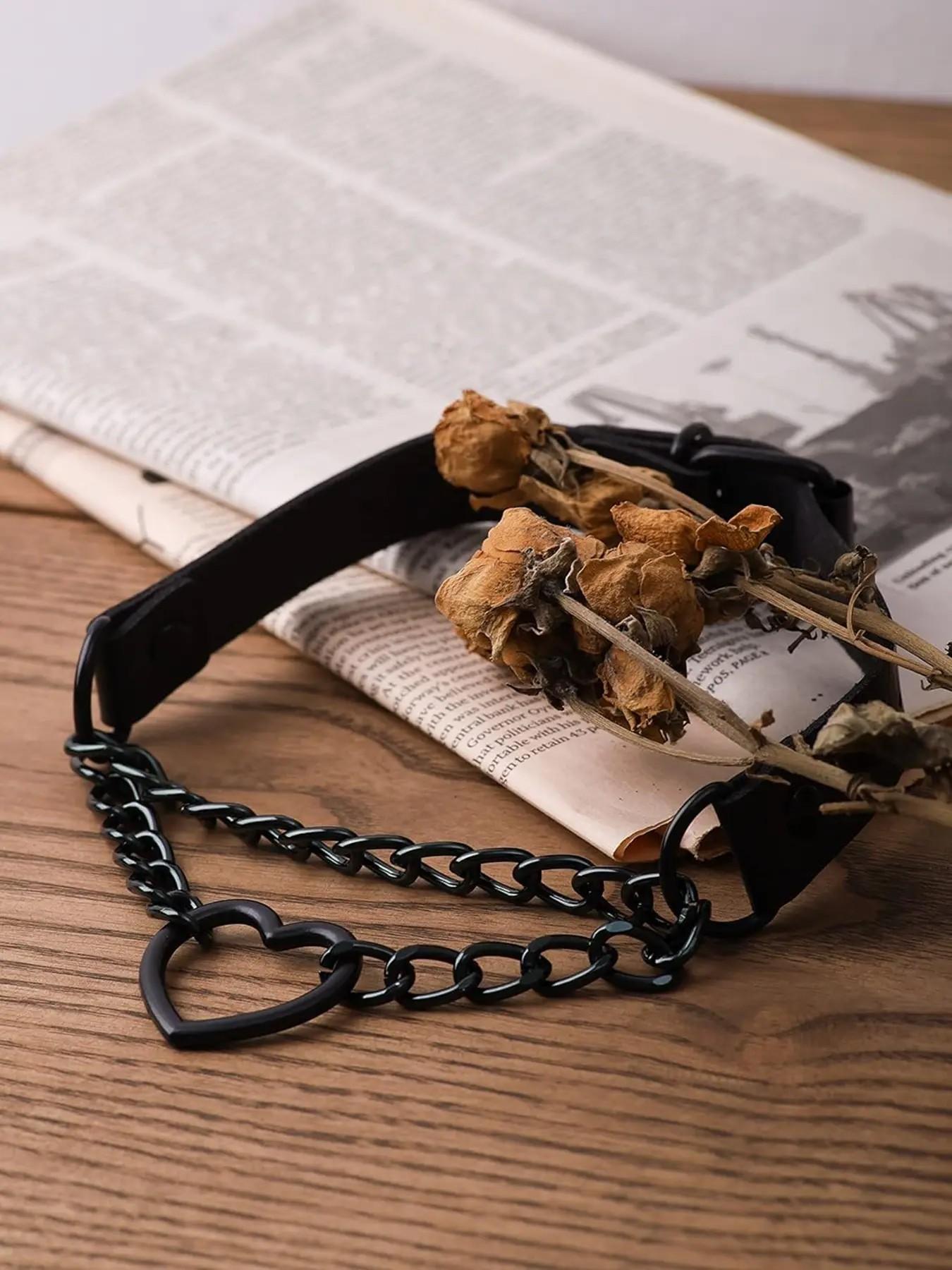 Gothic Punk Grunge Emo Necklace, PU Leather Choker, Goth Heart Chain Design, Perfect Halloween & Christmas Gift for Him Her