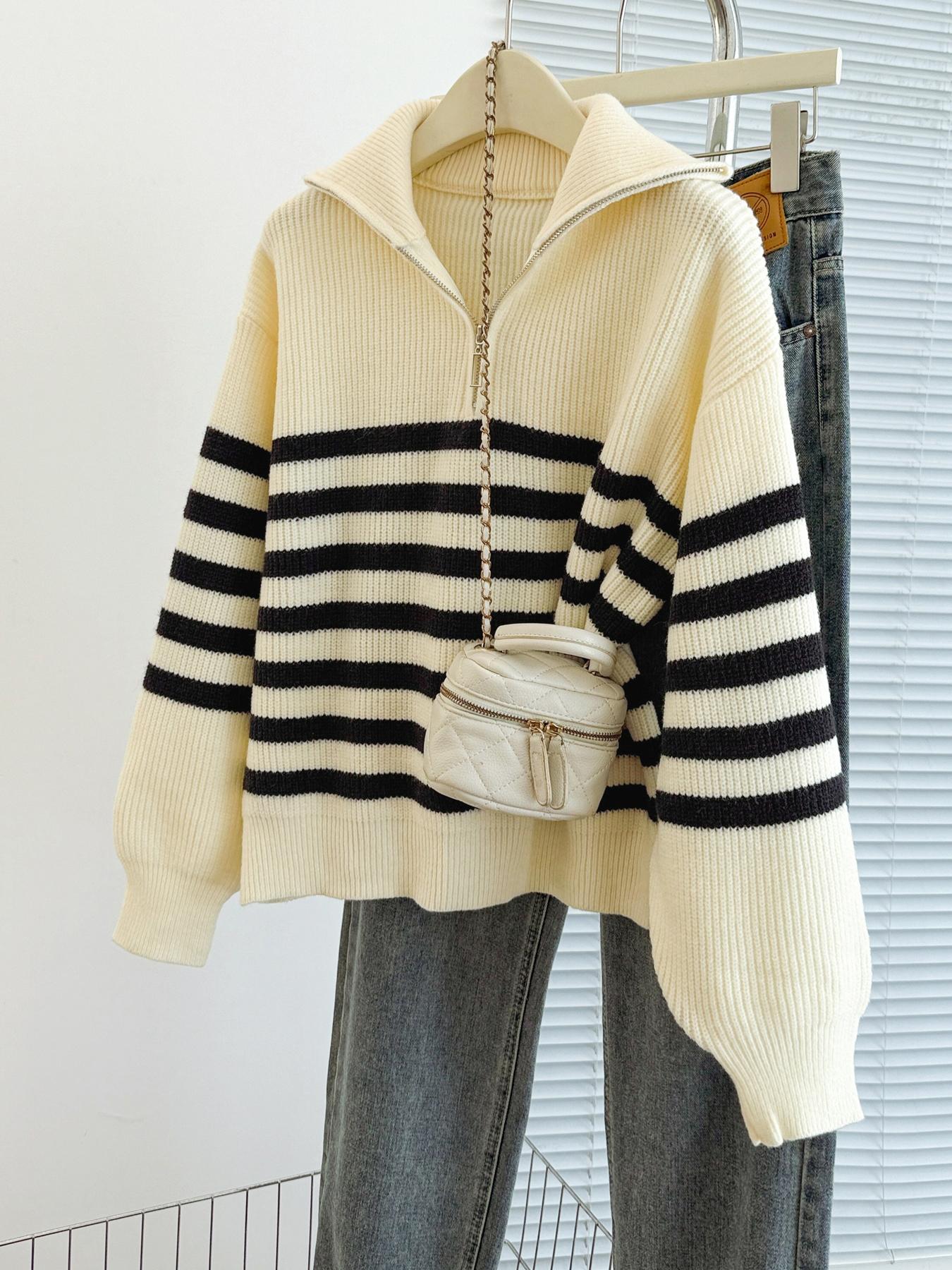 Autumn Winter Striped Zipper Collar Pullover Sweater, Fashion Casual Loose Fit Knitwear, Versatile Long Sleeve Top for Men & Women