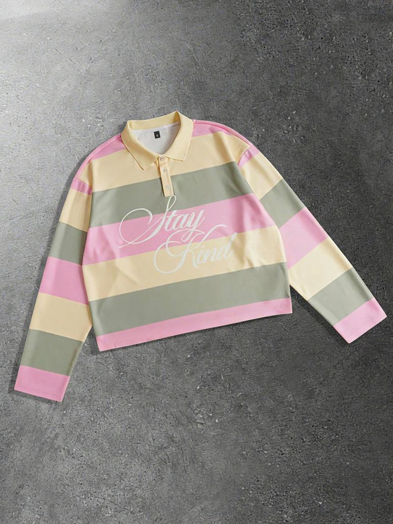 Green and white striped polo long sleeved men's T-shirt with rap bee print pattern and striped polo collar long sleeved shirt for European and American street life, unisex long T-shirt in ins style