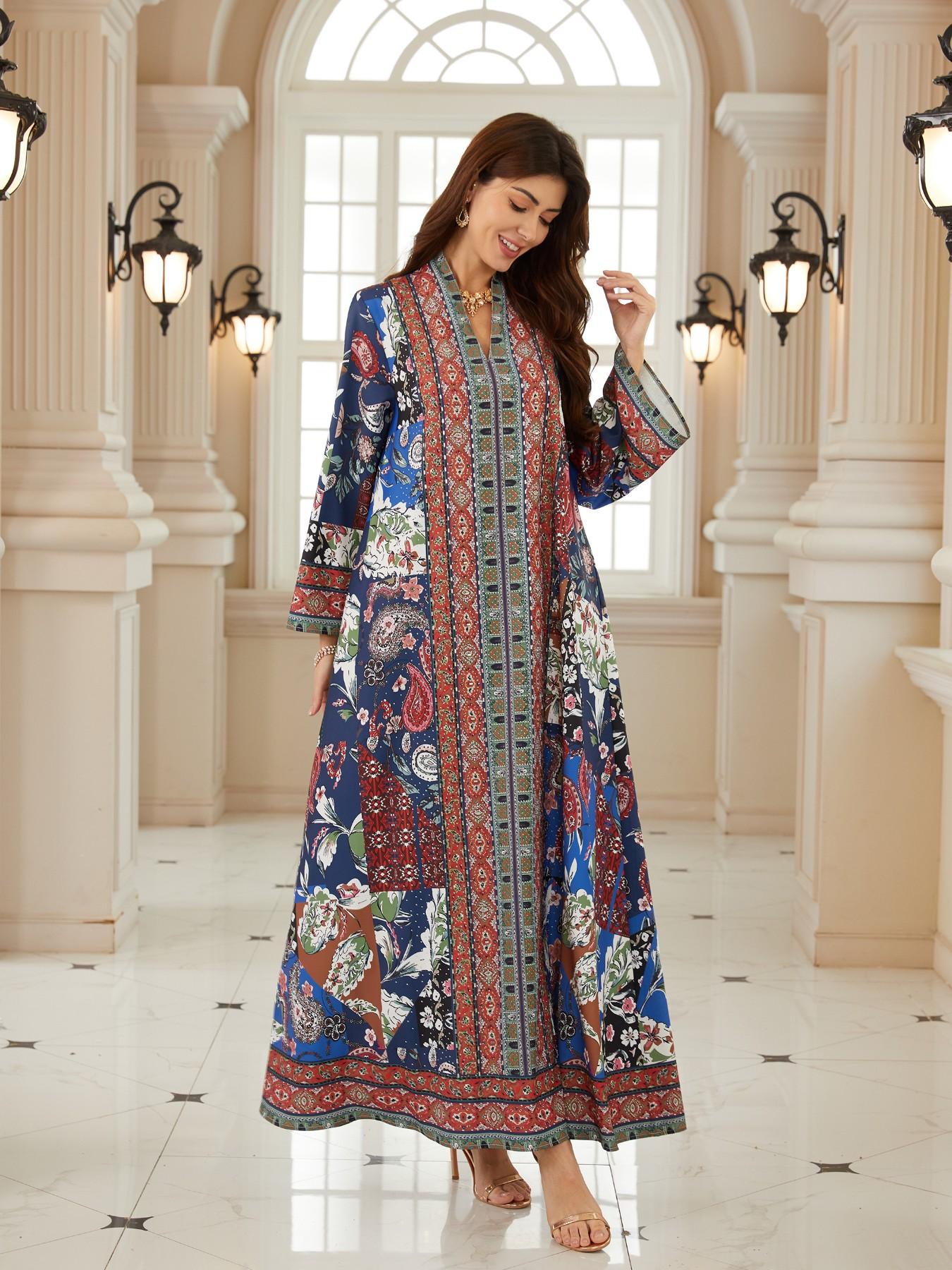 Women's Blue Printed Embellished Long Robe, Dubai Style Kaftan Evening Gown, Eid Al-Fitr Festival Dress, Abaya with Full Rhinestones