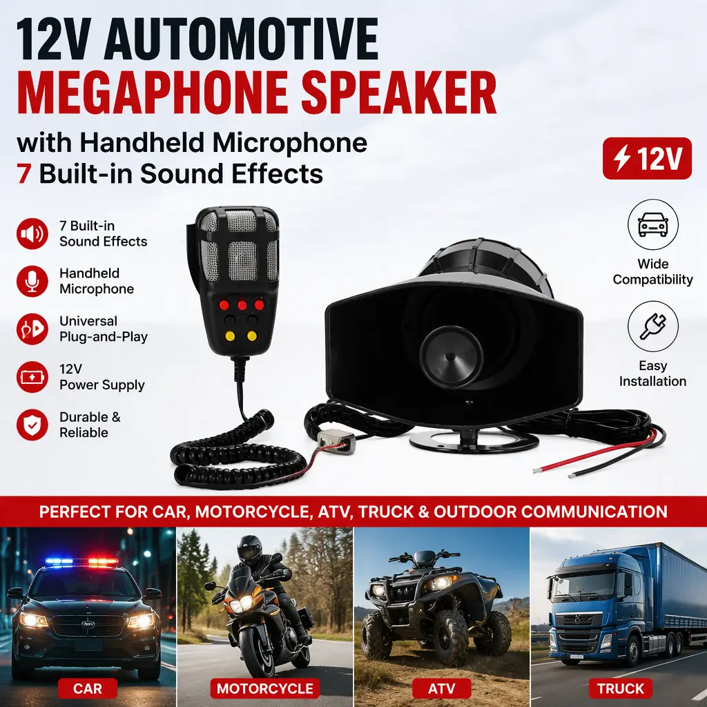 12V Car Megaphone Speaker, 7 Built-in Sound Effects & Handheld Mic, Universal Plug and Play for Motorcycle, ATV, Truck Outdoor Communication,Pre-lit