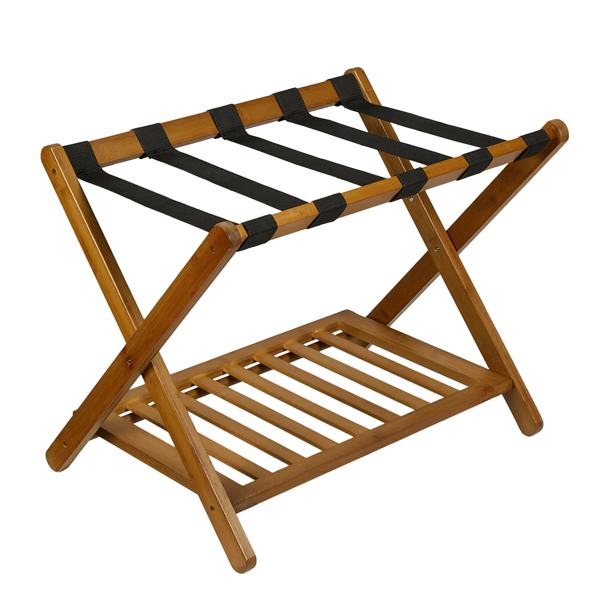 Garvee Deluxe Wooden Luggage Rack with Storage Shelf – Folding Suitcase Stand, Durable Nylon Straps, Holds up to 150 lbs – Fits Most Luggage Sizes