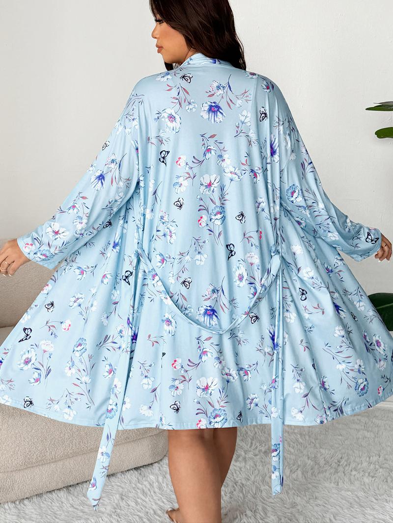 Plus Size Full Floral Butterfly Print Cami Shorts Set, Plus Size Floral Long Sleeve Robe 3 Piece for Spring & Fall, Casual Comfortable Sleepwear