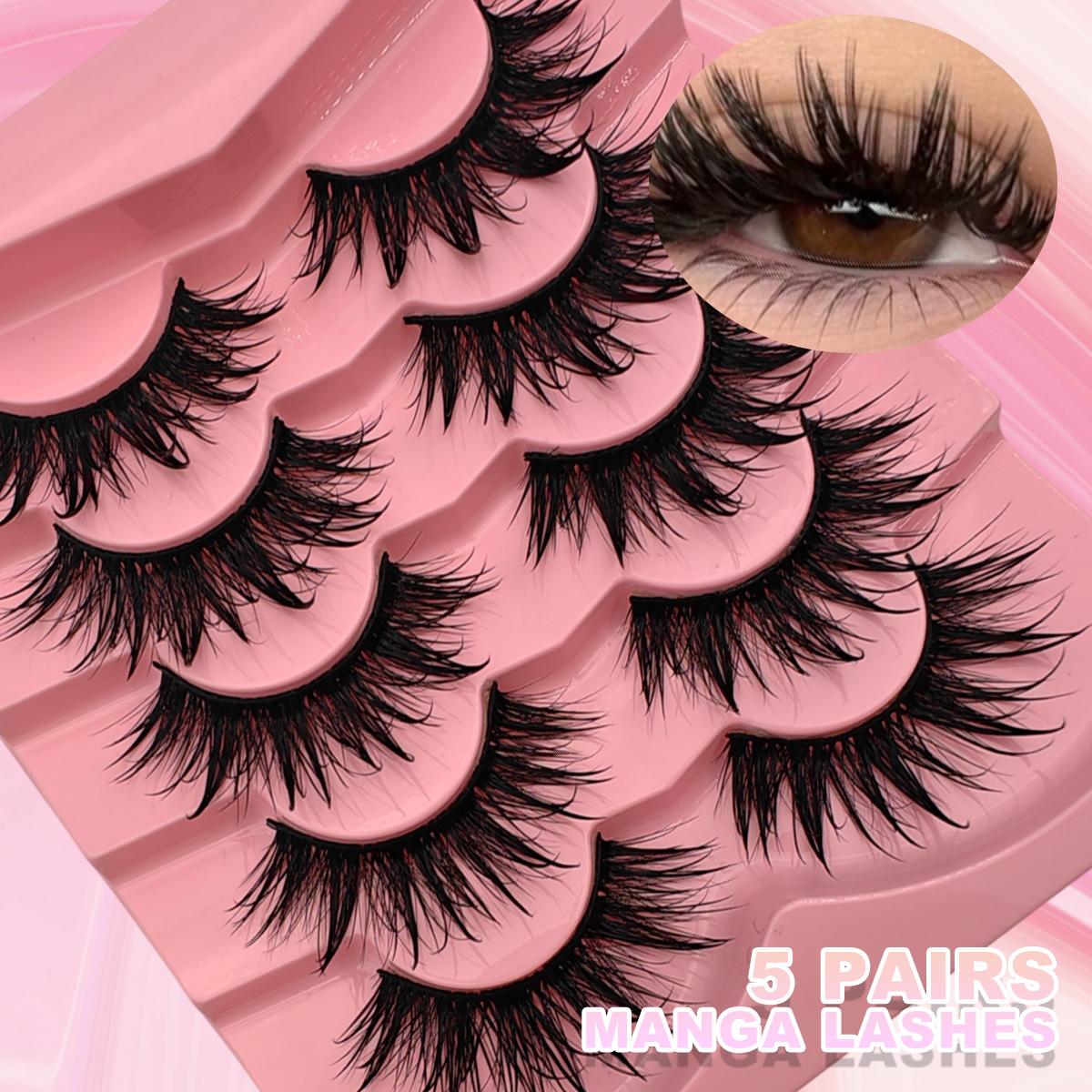 5 Pairs Wet Manga Lashes Cosplay Natural Wispy Fairy Cross Fluffy Eyelash Extensions Makeup Strip Lashes, Lashes, Eyelashes, Fake Lashes For Christmas Halloween Cosplay Manga Various Occasions, Fluffy Volume Eyelashes, Cosmetic