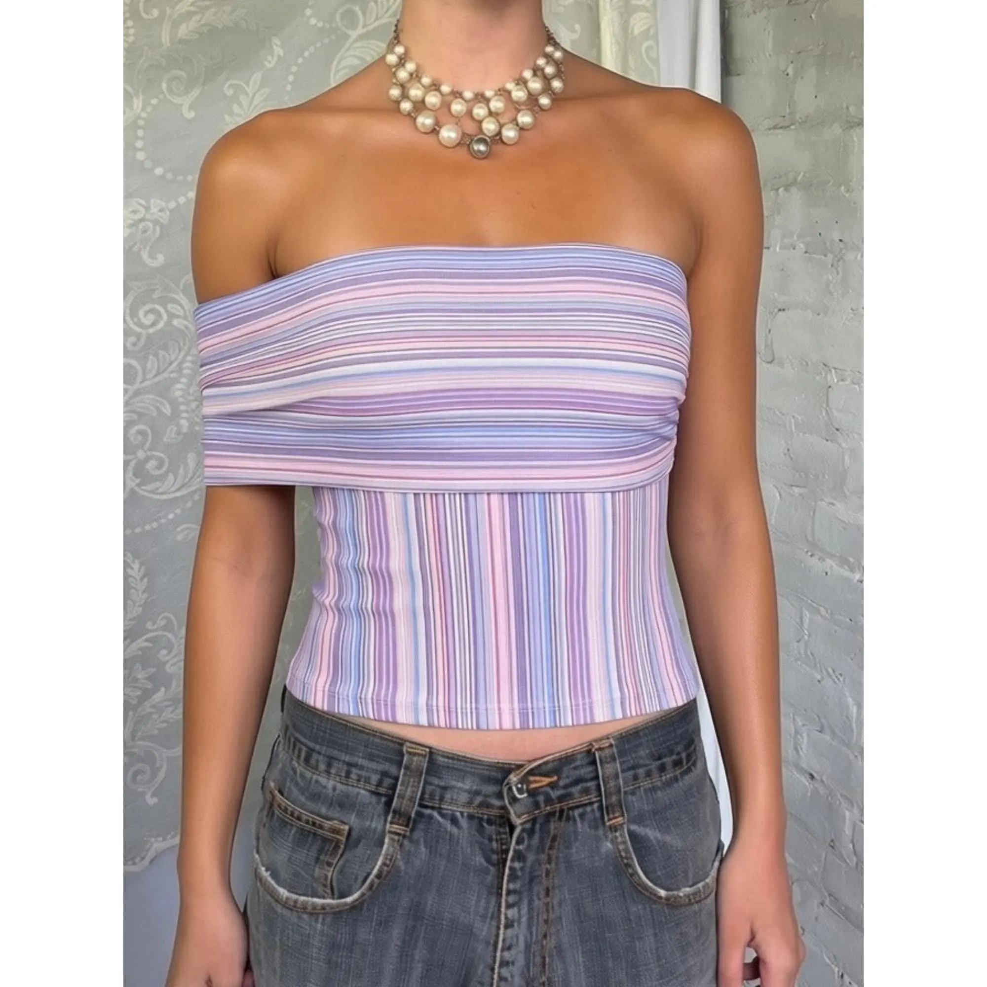 y2k Off Shoulder Tops Women Sleevless Stripes Print Bandeau Vest T Shirts Streetwear