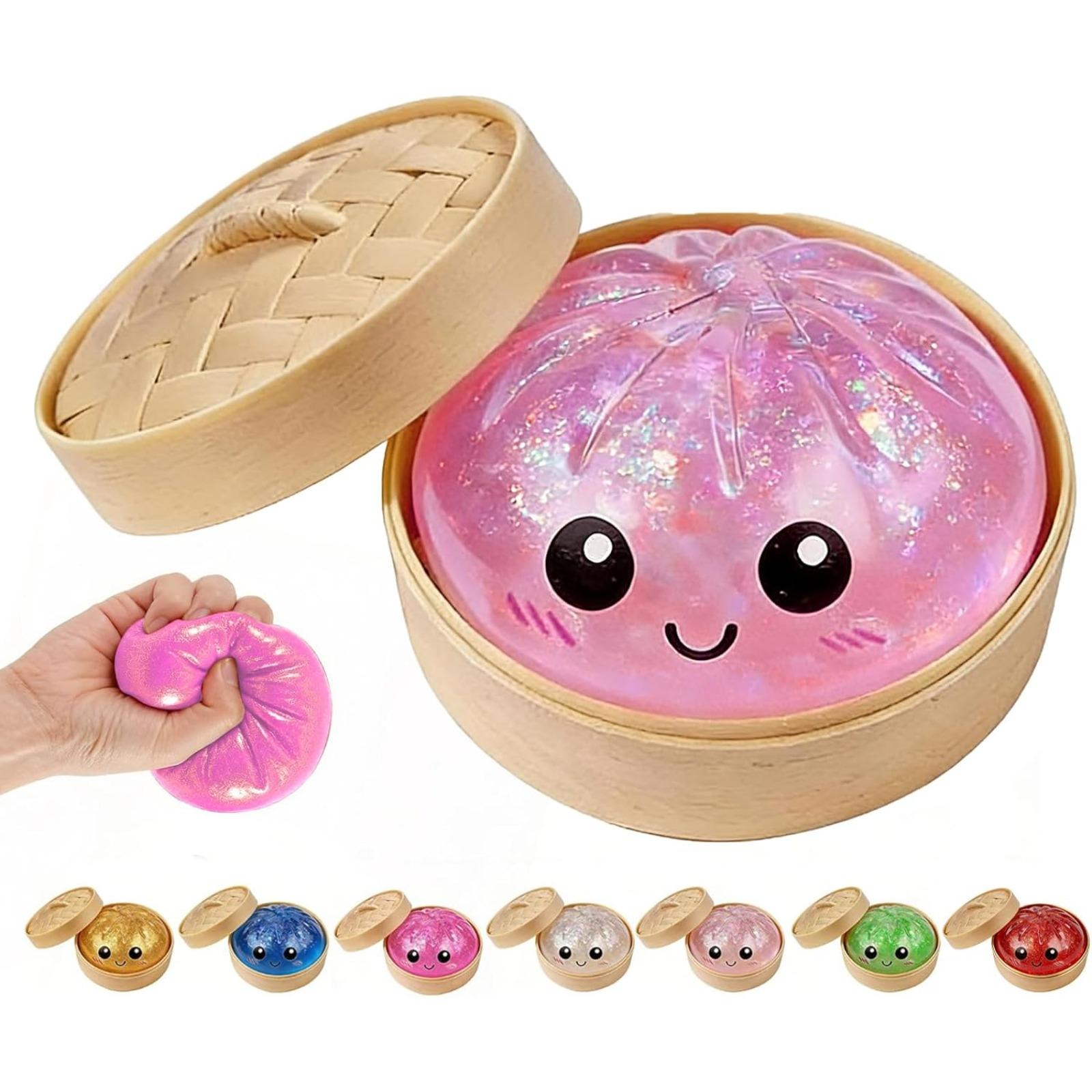 Dumpling Squishies, Glitter Dumpling Mystery Box, Colorful Dumplings Stress Balls Fidget Sensory Toy, Stocking Stuffers with Food Steamer Stretchy Desk Toys (Blue)