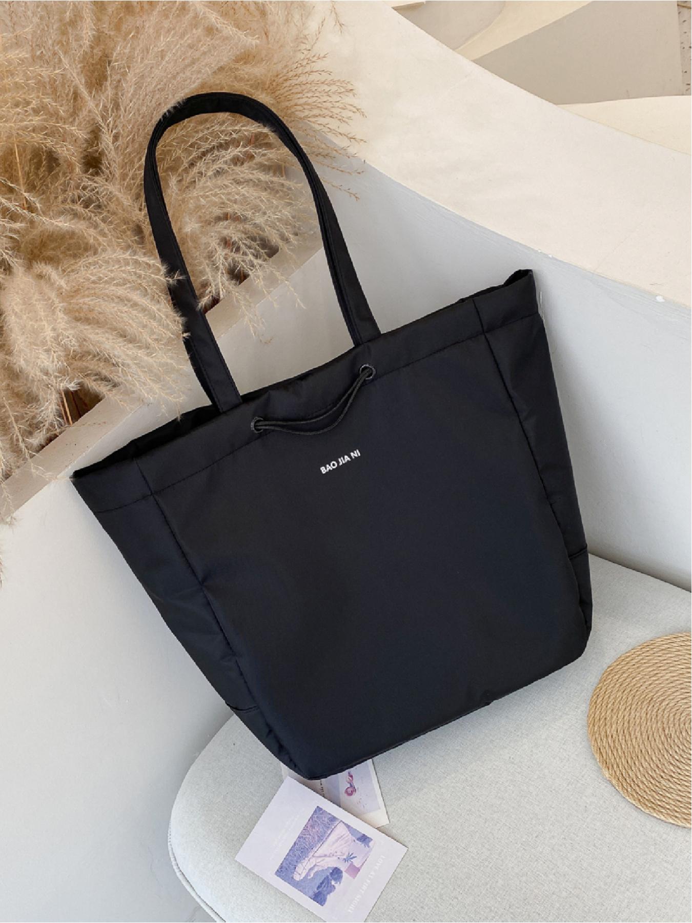 Large capacity drawstring design shoulder bag solid color with letters simple casual tote bag handbag shopping bag travel bag