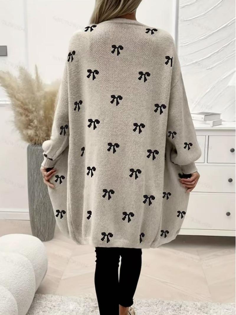 Autumn Winter New High-End Bow Pattern Knit Long Cardigan Sweater, Casual Versatile Outerwear, Elegant Lazy Style, Comfortable Color Block Design, Knitwear