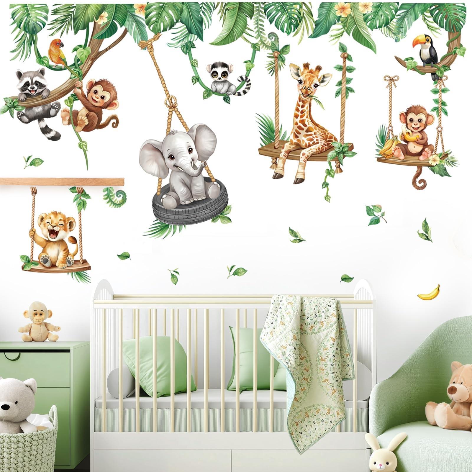 Cartoon Jungle Animal Wall Stickers, Wildlife Zoo Animals Elephant Giraffe Monkey Tropical Leaf Wall Decals, Bedroom Living Room Home Decor