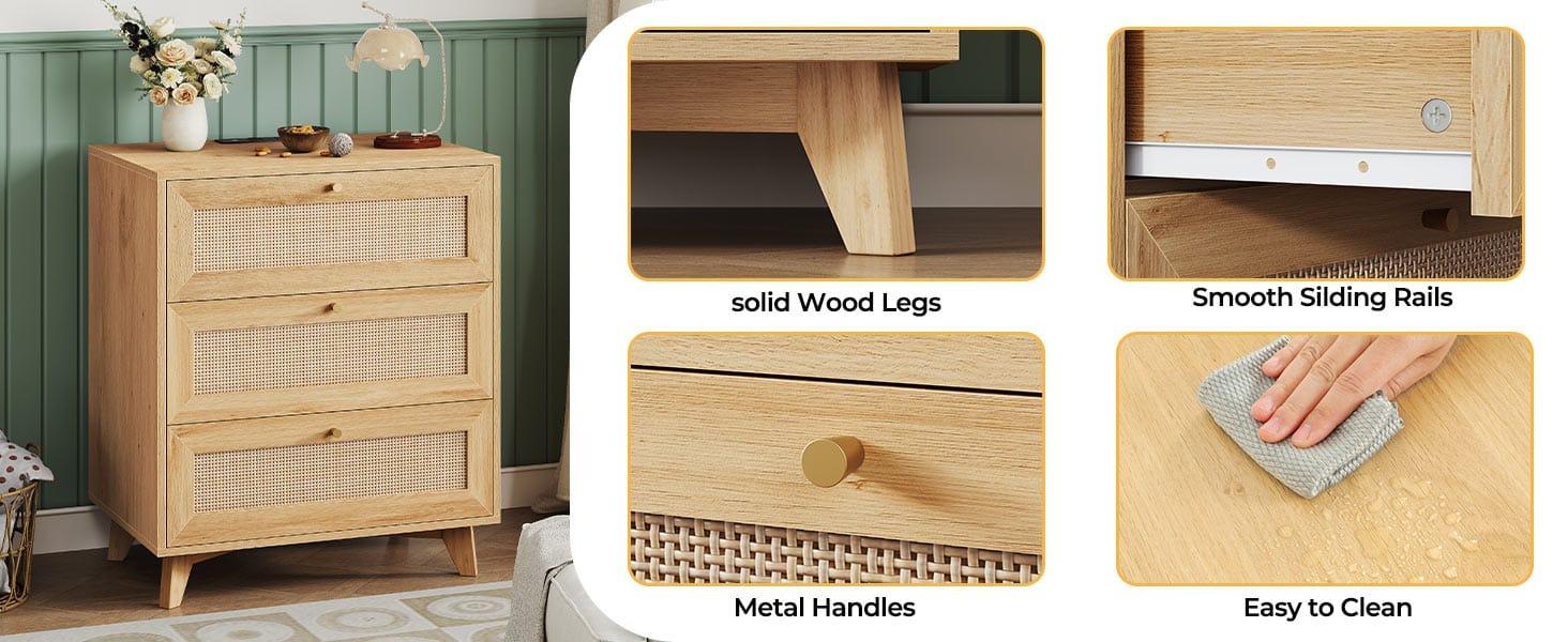 Sikaic Rattan Nightstand with Charging Station Boho Bedside Table with 3 Large Wicker Decorated Drawers Wooden Furniture Sikaic Rattan Nightstand with Charging Station Boho Bedside Table with 3 Large Wicker Decorated Drawers Wooden Furniture