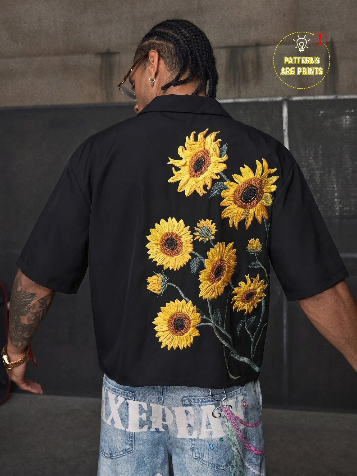 Men's Black Faux Sunflower Embroidery Cuban Collar Shirt