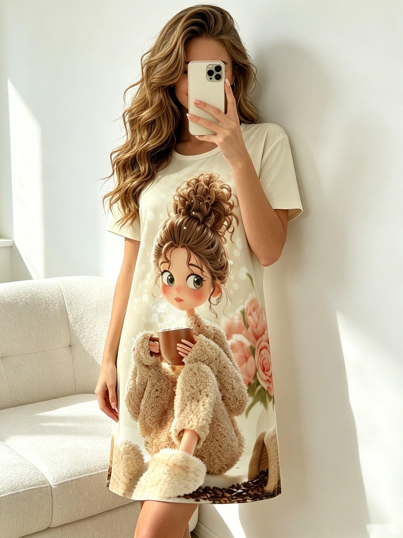 Women's Breathable Short Sleeve Round Neck Nightgown, Loungewear, Spring & Summer Wear, Morning Vibe Style Cartoon Girl Print, Loose Fit, Suitable for Daily Home Wear, Casual Outings and Home Office