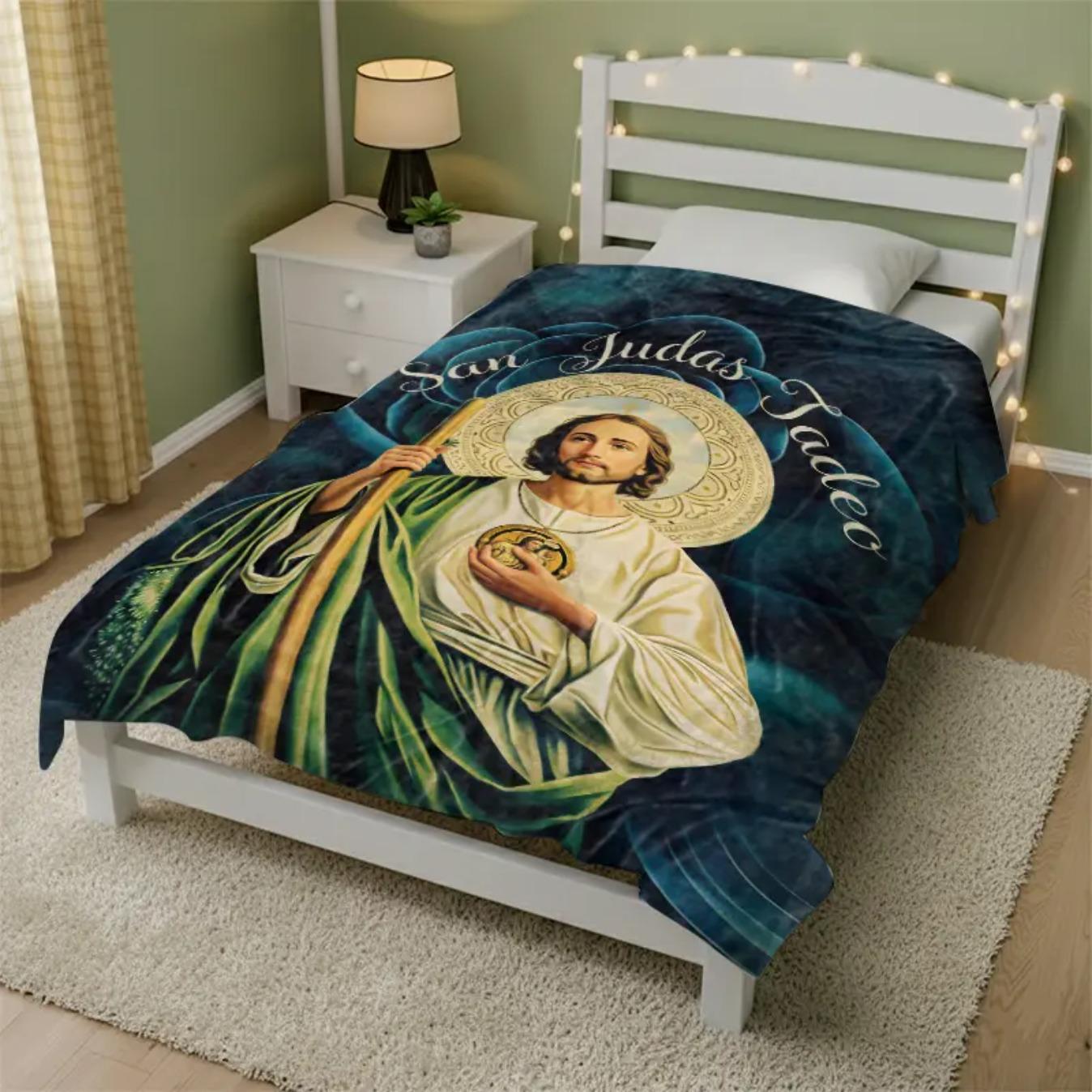 Blessed San Judas Tadeo Art Flannel Blanket Soft Fleece Throw Blanket for Bed Sofa Couch Cozy Warm Faith Inspired Religious Prayer Blanket Lounge Essential Home Decor Gift for Birthday Christmas Easter