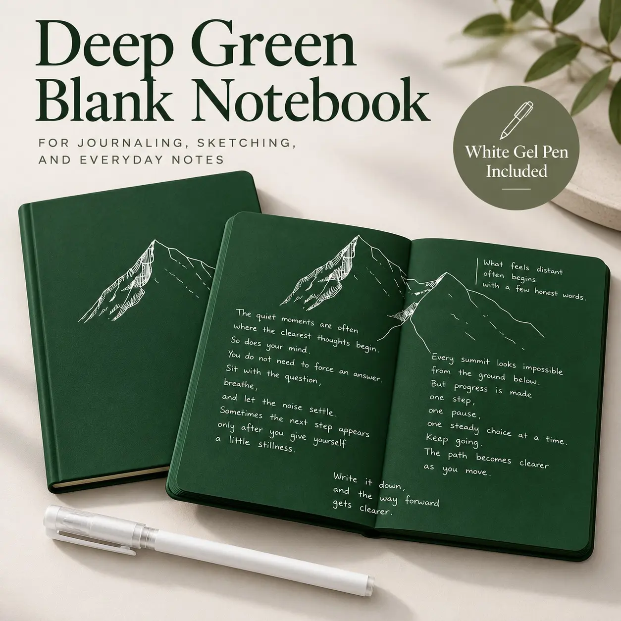 Deep Green Blank Notebook with White Gel Pen, Aesthetic Writing & Sketch Journal, Sketching, Journaling And Everyday Creative Notes, Paired with A White Gel Pen for Your Next Idea Staying Organized Work or School