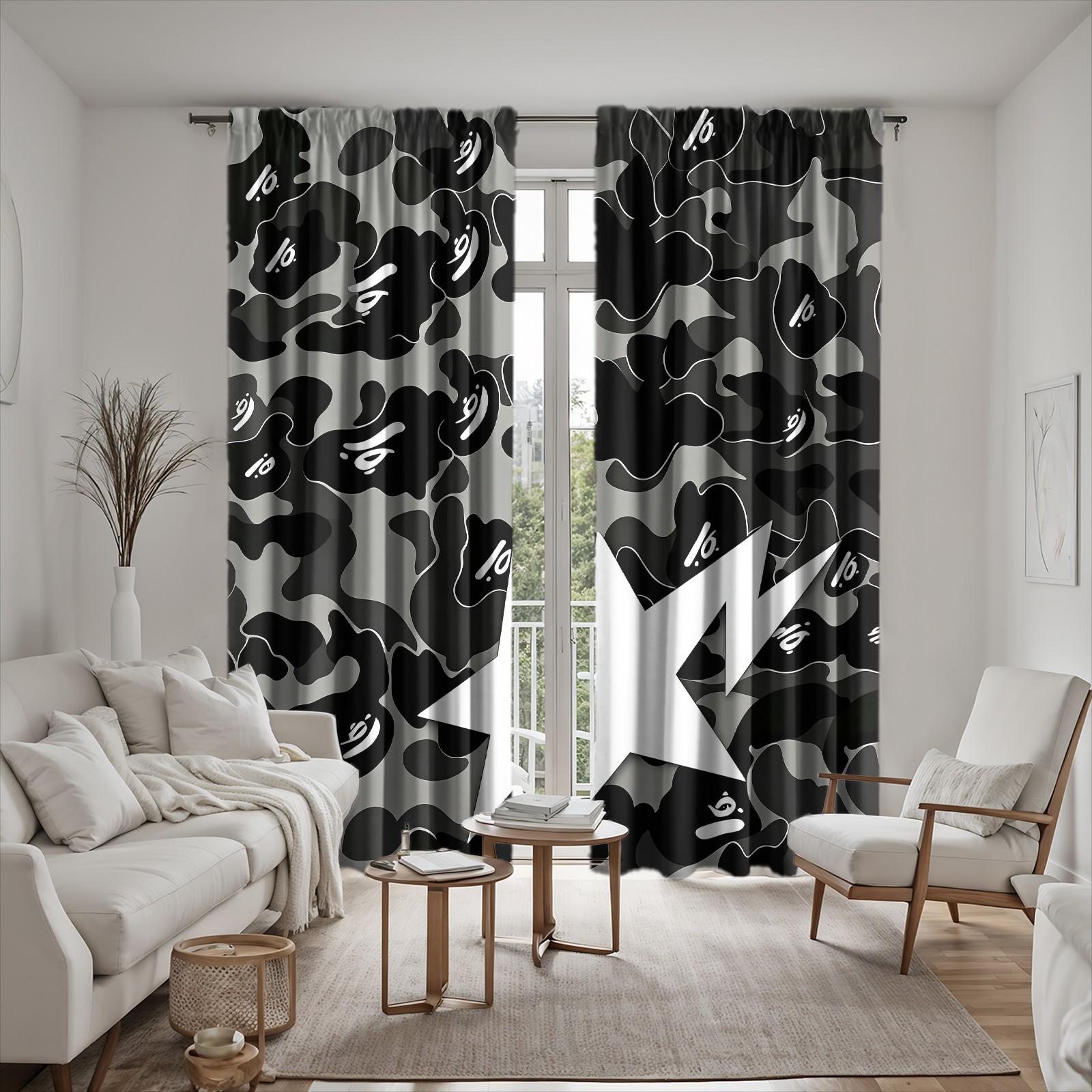 Gray Black Camo Star Semi-Sheer Light Filtering Curtains, Curtain for windows, Privacy Protection Brushed Flannel Drapes, Streetwear Camouflage Print Non-Blackout Rod Pocket Panels, Window Decor for Living Room, Teens Bedroom