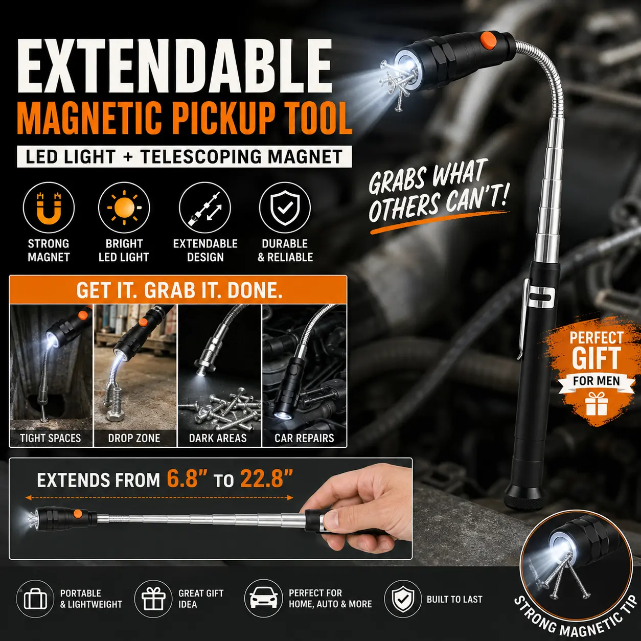 Extendable Magnetic Pickup Tool with LED Flashlight, Telescoping Magnet Stick for Car Repair, Garage, Home & Tight Spaces, Handy Gift for Men Dad