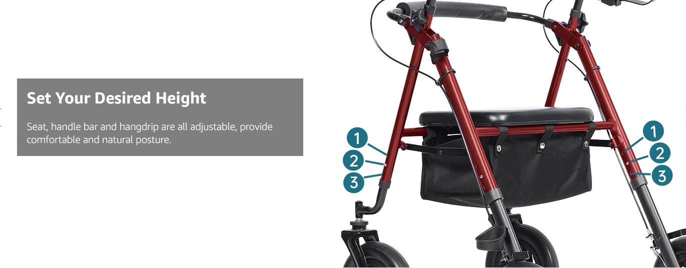 ELENKER Adjustable All-Terrain Rollator Walker for Seniors (4’8”-6’4”), 10” Anti-Slip Rubber Wheels, Ergonomic Padded Memory Foam Seat, Padded Foam Backrest, Under-Seat Storage Basket, Model HFK-9236D4