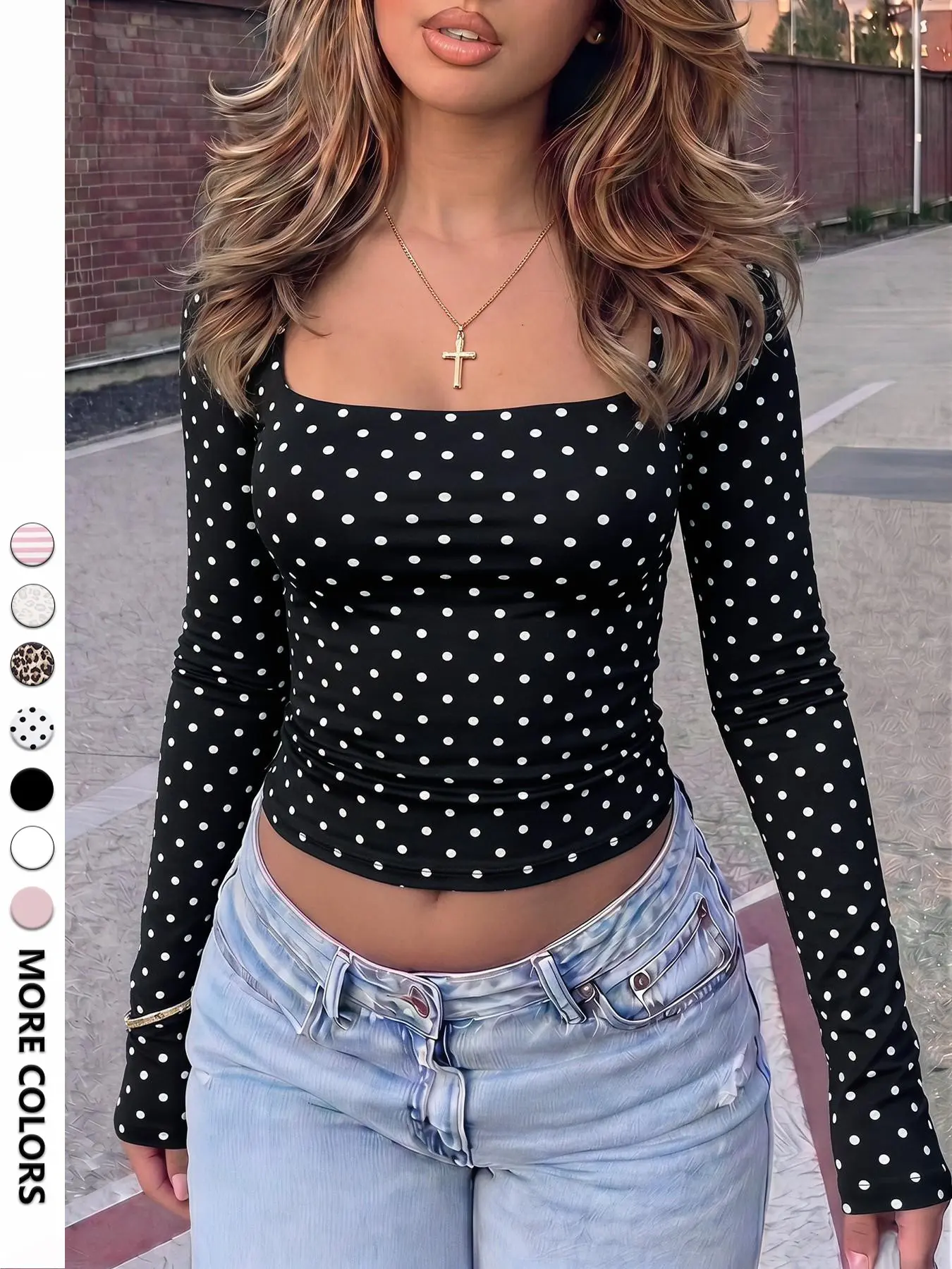 Y2K Minimal Retro Street, Black Base White Polka Dot, Classic Square Neck, Slim Cropped Long Sleeve Top, Women Soft Stretch Fit, Casual Coffee, Street Outdoor, Daily Spring Fall, Trendy Figure-Fitting Sexy Layering Knit Top #y2kblackdotfashion,#squareneck