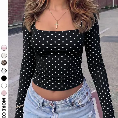 Y2K Retro Streetwear Style, Black Base White Polka Dot Square Neck Slim Cropped Long Sleeve Knit Top, Knitwear, Soft Stretch Figure-Fitting, Casual Daily Wear for Women, Spring & Fall